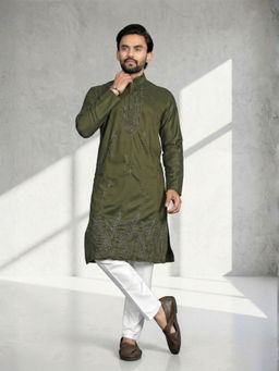 Odette - Men Olive Cotton Blend Embroidered Kurta