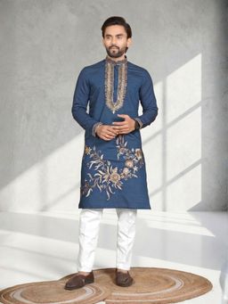 Odette - Men Blue Cotton Blend Embroidered Kurta