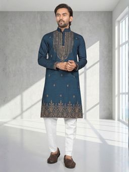 Odette - Men Teal Cotton Blend Embroidered Kurta