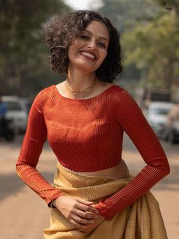 Suta - Red Boat Neck Stitched Blouse