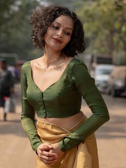 Suta - Olive Sweetheart Stitched Blouse