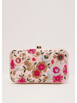 KALKI FASHION - Floral Embroidered Clutch with Candy Pink Silk Base