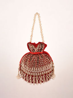 KALKI FASHION - Cherry Red Potli in Velvet Heavily Embroidered with Beads and Moti Work