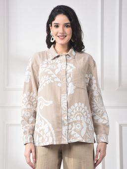 CRIMSOUNE CLUB - Women Beige Floral Print Linen Shirt