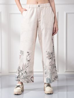 CRIMSOUNE CLUB - Women's Peach Floral Print Linen Straight Pant