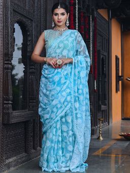 Beatitude - Blue Hand Embroidered Chikankari Saree with Unstitched Blouse