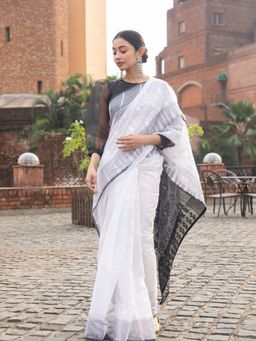 Beatitude - White Cotton Silk Jacquard Jamdani Saree Without Blouse