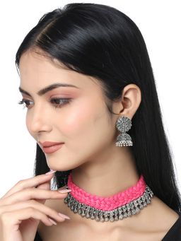 Yellow Chimes - Silver-Plated Oxidised Threaded Choker Jewellery Set