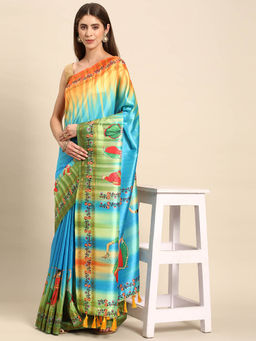 Vastranand - Blue Ethnic Motifs Zari Block Print Saree with Unstitched Blouse