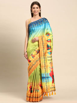 Vastranand - Green Ethnic Motifs Zari Block Print Saree with Unstitched Blouse