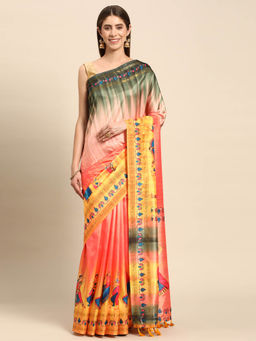 Vastranand - Pink Ethnic Motifs Zari Block Print Saree with Unstitched Blouse
