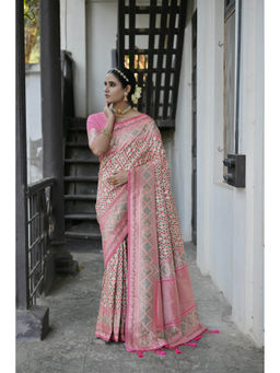 VISHNU WEAVES - Cream Chiku Zari Woven Meenakari Weaves Pathani Silk Saree with Unstitched Blouse