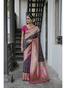 VISHNU WEAVES - Navy Blue Zari Woven Meenakari Weaves Pathani Silk Saree with Unstitched Blouse