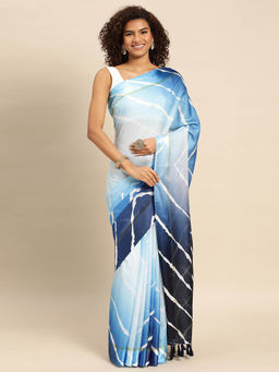 Vastranand - Blue Satin Kota Batik Print Saree with Unstitched Blouse