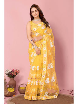 Mysilklove - Dandelion Yellow Woven Designer Embroidered Saree without Blouse
