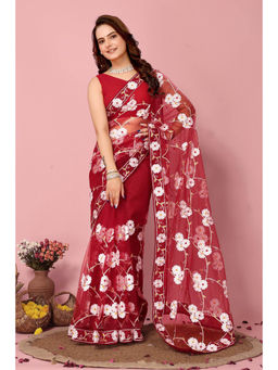 Mysilklove - Chestnut Red Woven Designer Embroidered Saree without Blouse