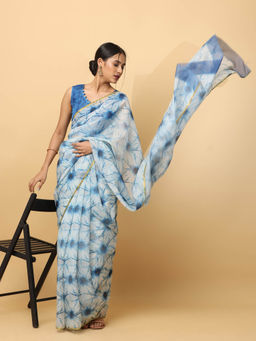 Vastranand - Blue Printed Chanderi Saree with Unstitched Blouse