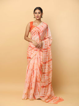Vastranand - Orange Printed Chanderi Saree with Unstitched Blouse