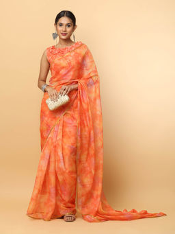 Vastranand - Orange Printed Chanderi Saree with Unstitched Blouse