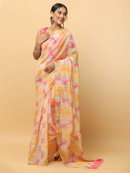 Vastranand - Yellow Printed Chanderi Saree with Unstitched Blouse