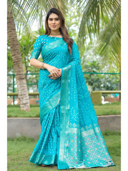 Mysilklove - Bright Turquoise Blue Woven Designer Bandhani Saree without Blouse