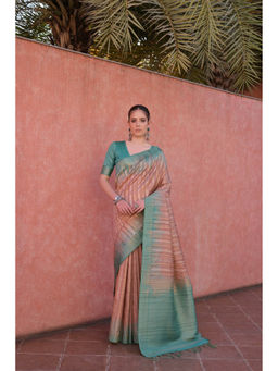 VISHNU WEAVES - Brown Coffee Ethnic Motifs Zari Tussar Pure Silk Saree with Unstitched Blouse