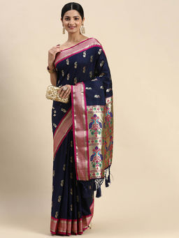 Vastranand - Navy Blue Ethnic Motifs Woven Design Zari Art Silk Pathani Saree with Unstitched Blouse