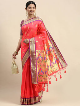 Vastranand - Peach Ethnic Motifs Woven Design Zari Art Silk Pathani Saree with Unstitched Blouse