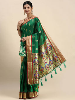 Vastranand - Green Ethnic Motifs Woven Design Zari Art Silk Pathani Saree with Unstitched Blouse
