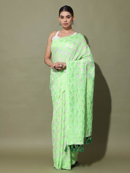 Vastranand - Green Dhakai Jamdani Saree with Unstitched Blouse