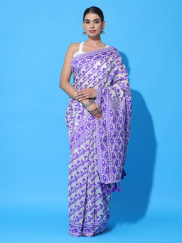 Vastranand - Purple Dhakai Jamdani Saree with Unstitched Blouse