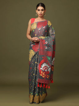 Vastranand - Grey Dhakai Jamdani Saree with Unstitched Blouse