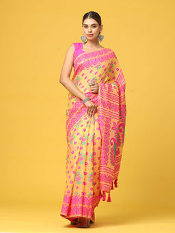 Vastranand - Yellow Dhakai Jamdani Saree with Unstitched Blouse