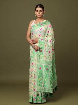 Vastranand - Cream Dhakai Jamdani Saree with Unstitched Blouse
