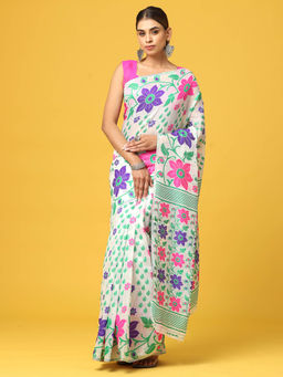 Vastranand - White Dhakai Jamdani Saree with Unstitched Blouse