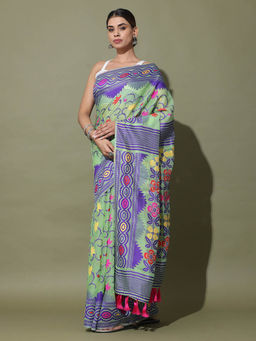 Vastranand - Green Dhakai Jamdani Saree with Unstitched Blouse