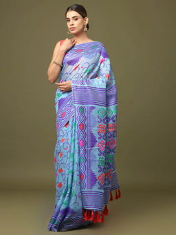 Vastranand - Blue Dhakai Jamdani Saree with Unstitched Blouse