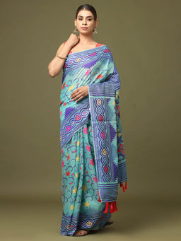 Vastranand - Turquoise Dhakai Jamdani Saree with Unstitched Blouse