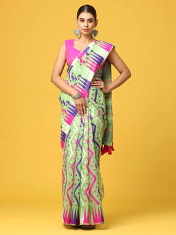 Vastranand - Green Dhakai Jamdani Saree with Unstitched Blouse