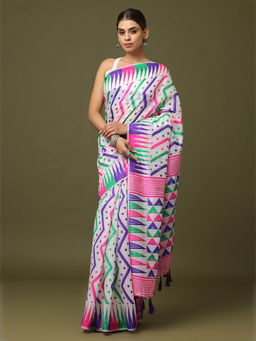 Vastranand - White Dhakai Jamdani Saree with Unstitched Blouse