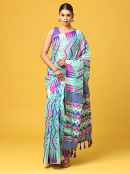 Vastranand - Turquoise Dhakai Jamdani Saree with Unstitched Blouse