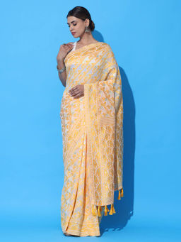 Vastranand - Mustard Dhakai Jamdani Saree with Unstitched Blouse