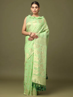 Vastranand - Green Dhakai Jamdani Saree with Unstitched Blouse