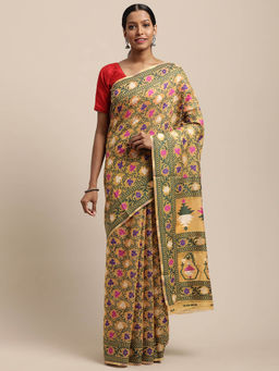 Vastranand - Beige Dhakai Jamdani Saree with Unstitched Blouse
