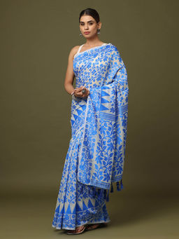Vastranand - Blue Dhakai Jamdani Saree with Unstitched Blouse