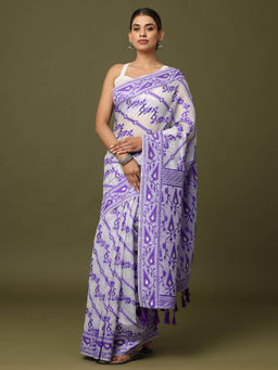 Vastranand - Purple Dhakai Jamdani Saree with Unstitched Blouse