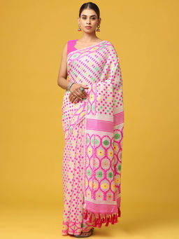 Vastranand - Pink Dhakai Jamdani Saree with Unstitched Blouse
