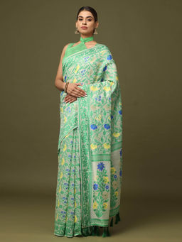 Vastranand - Green Dhakai Jamdani Saree with Unstitched Blouse