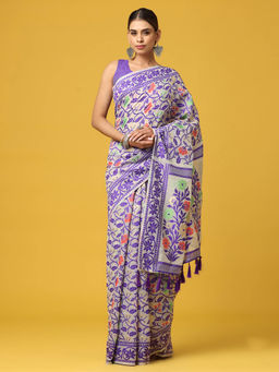 Vastranand - Cream Dhakai Jamdani Saree with Unstitched Blouse