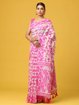 Vastranand - Pink Dhakai Jamdani Saree with Unstitched Blouse
